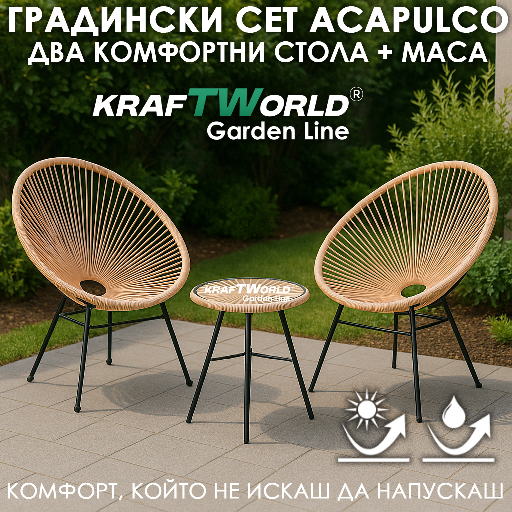 Комплект Градински Мебели Acapulco в Бежово - 2 Стола и Маса – За Балкон, Веранда и Градина
