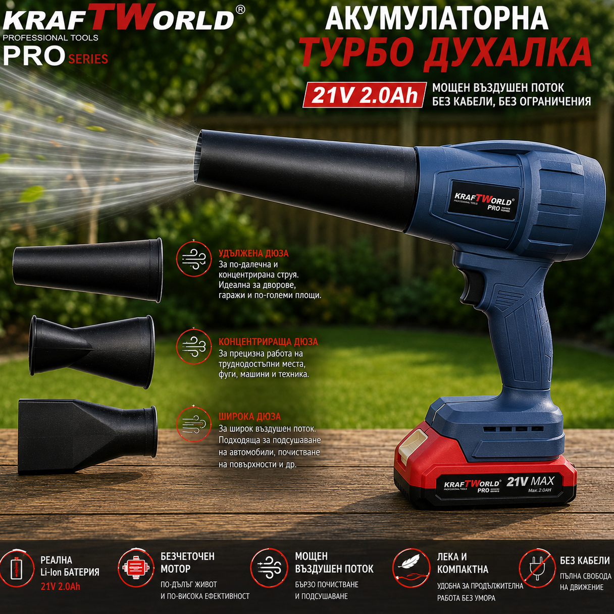 Акумулаторна въздушна духалка KraftWorld PRO 21V за почистване и подсушаване