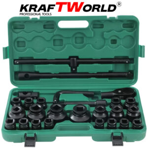 Ударен комплект гедоре 26 части KraftWorld – 3/4" и 1", вложки до 65 мм + куфар