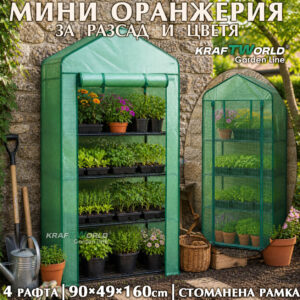 Мини оранжерия за разсад и цветя с 4 рафта – стабилна конструкция, 160 см височина