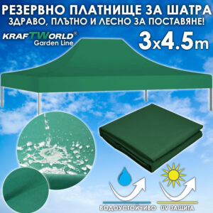 Покривало за шатра 3×4.5 м – здраво, водоустойчиво, UV защитено, зелен цвят