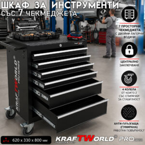 Шкаф за Инструменти KraftWorld PRO с Колела и Лагерни Водачи – 7 Чекмеджета