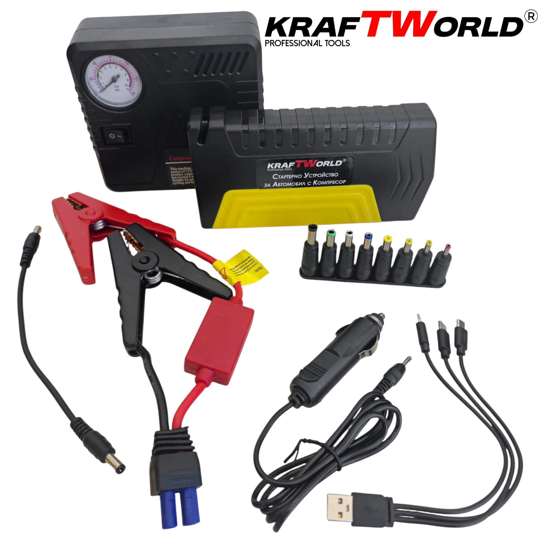 KraftWorld KW-2679 – Джъмп стартер за кола с компресор, фенер и аварийни инструменти - Image 14