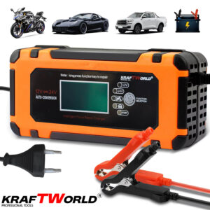 Интелигентно зарядно устройство за акумулатор 12V 10A KraftWorld с LCD дисплей и ремонтен режим